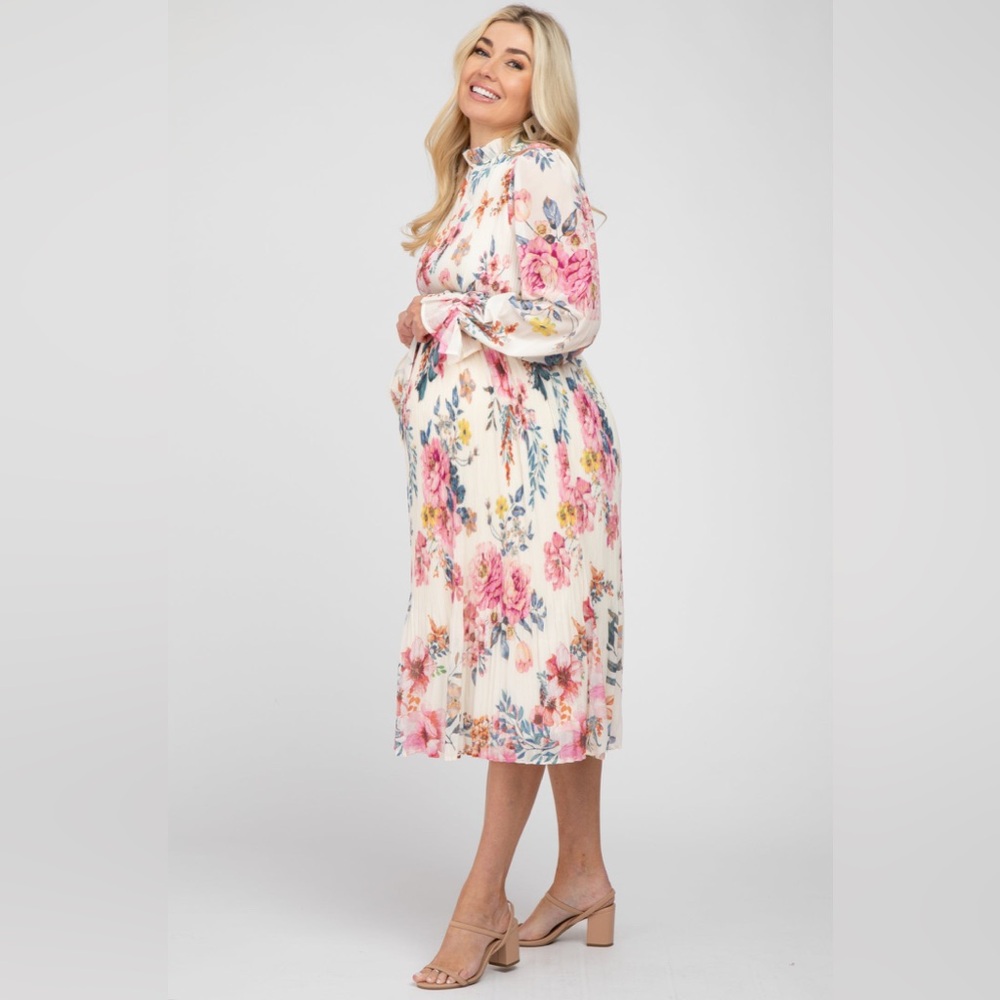Pinkblush Floral Chiffon Pleated Midi Dress Nwot